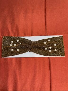 🥳Sale🥳 Gold Metallic/ Black Base Pearl Accent Stretch Headband for Women